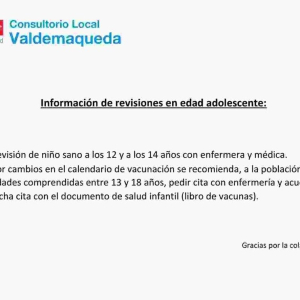 Consultorio local Valdemaqueda: información de revisiones en edad adolescente